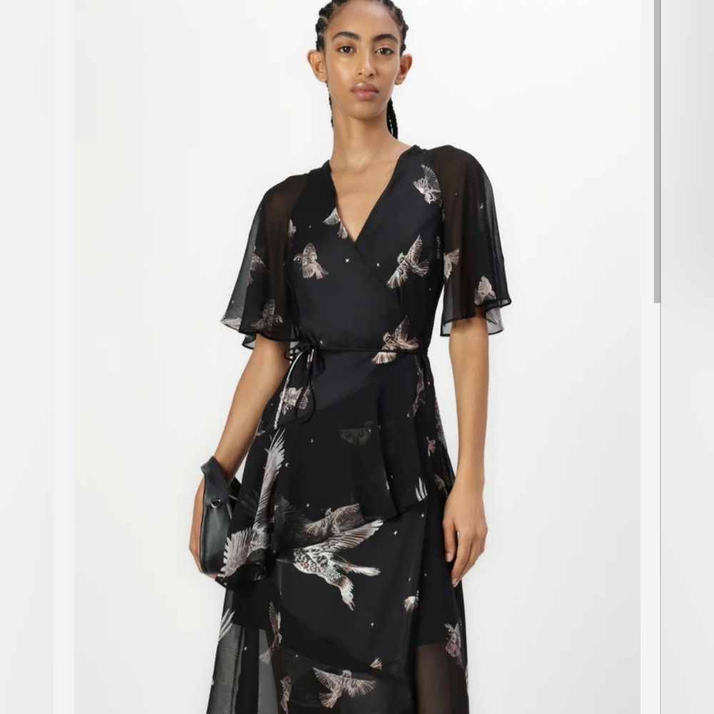 All Saints Black High Low Dress with Bird Design